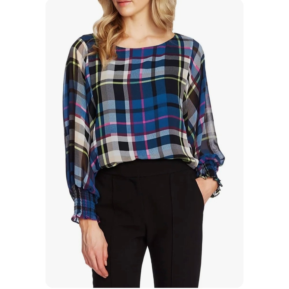 Vince Comuto Blue Multi Plaid Top Long Dolman Sleeve‎ Smocked Wrist Lined SZ M